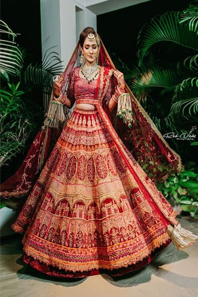 Multi Colored Soft Net Wedding lehenga blouse ka design