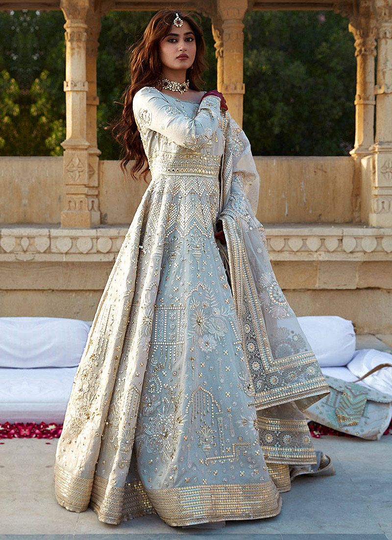 Buy Grey Embroidered Georgette Gown With Dupatta Online At Zeel Clothing