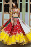 Beautiful Red And Yellow Color Festival Wear Lehenga With Real Mirror Work