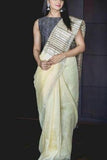 AdmiraBle Lemon Off White Hand Block Cotton Silk Saree