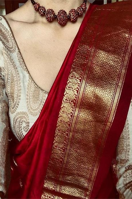 Handwoven Red Banarasi Crepe Katan Soft Silk Saree – Sumangal Banaras