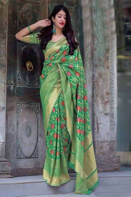 Designer Green Cotton Silk Saree With Matching Blouse – Cygnus Fashion