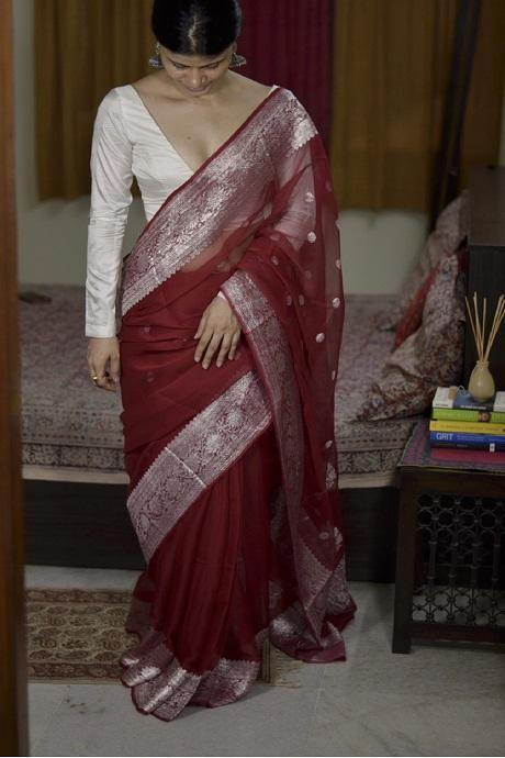 Buy Maroon Sequence Embroidered Silk Saree At Ethnic Plus