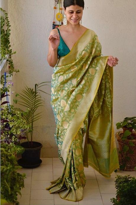 Lemon Green Jacquard Work Soft Lichi Silk Saree