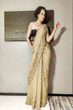 Dazzling Chiffon Base Golden Color Sequins And Dori Work