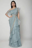 Gray Colored Ruffle Designer Party Wear Saree