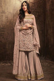 Beautiful Festive Wear Faux Georgette Embroidery And Sequence Work Peach Color Traditional Sharara Salwar Suit