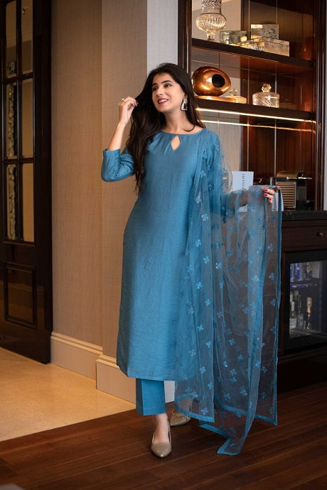 Raashi designs 1003 BY Ladies Flavour NEAVY BLUE KURTI WITH PANT AND PLAZO  MANUFACTURER IN SURAT  Reewaz International  Wholesaler  Exporter of  indian ethnic wear catalogs