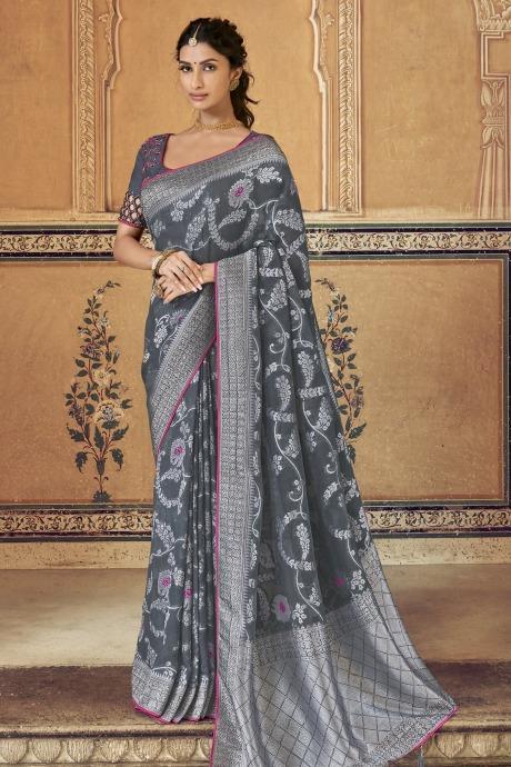 Charcoal Grey Shimmer Saree Blouse