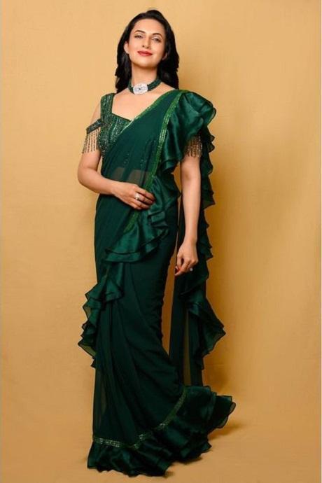 Light green ruffle saree set - AHI CLOTHING - 4204423