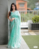 Embroidered Satin Georgette Saree in Dark Teal Blue