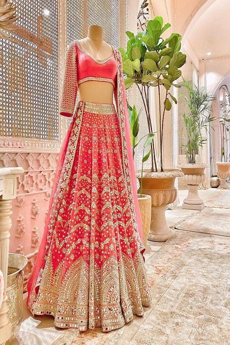 Buy Rani and Dark peach Banarasi silk wedding lehenga Choli in UK, USA and  Canada