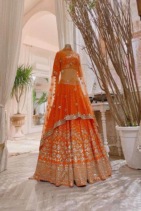 Orange And Green Color Designer Navratri Lehenga Choli Mirror Work –  Marvy-Me