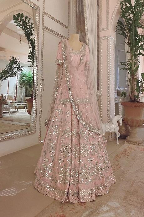 Buy Pink Organza Reception Wear Mirror Work Lehenga Choli Online From  Wholesale Salwar.