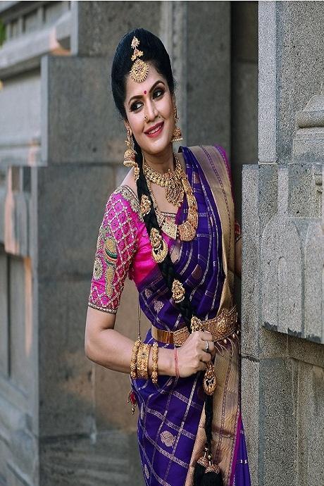 Purple Handloom Checks Pure Silk Kanjivaram Saree With Orange Border –  WeaverStory