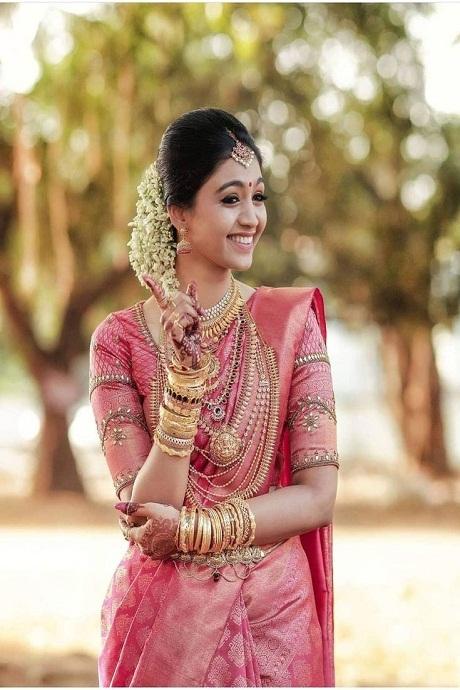 Baby pink shop silk saree wedding