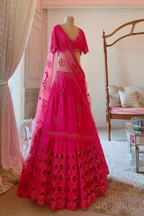 Buy online in India | Rani Pink Leaf Daman Lehenga | Label Shaurya Sanadhya