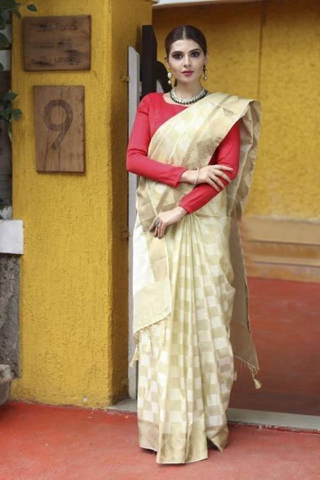 RE - Attractive cream chinon silk thread work saree - Sarees - Indian