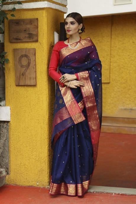 Navy Blue And Beige Silk Saree | Sudathi