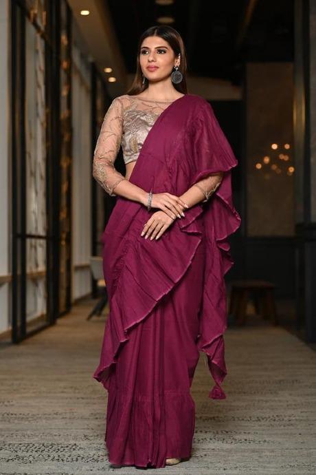 Buy Pink Pleated Satin Plain One Shoulder Holly Pre-draped Saree And Blouse  For Women by Show Shaa Online at Aza Fashions.