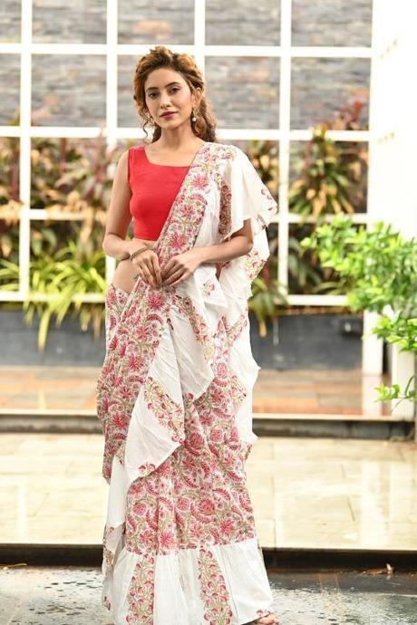 Buy Indya Varun Bahl X Indya Pastel Pink Printed Ruffled Pre-stitched Saree  With Blouse online