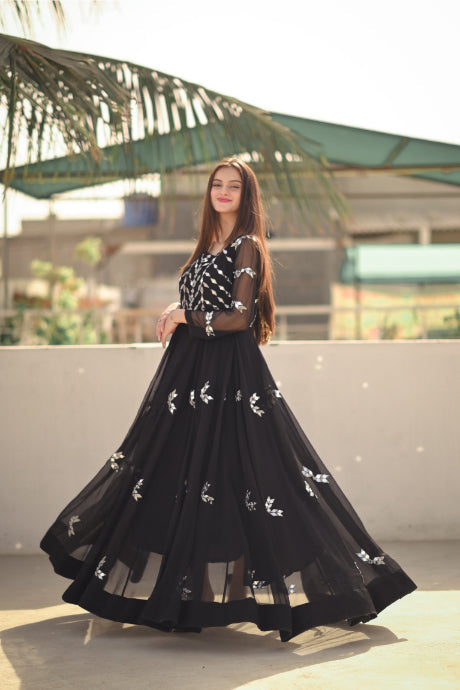 Black Color Party Wear Designer Gown With Belt :: ANOKHI FASHION