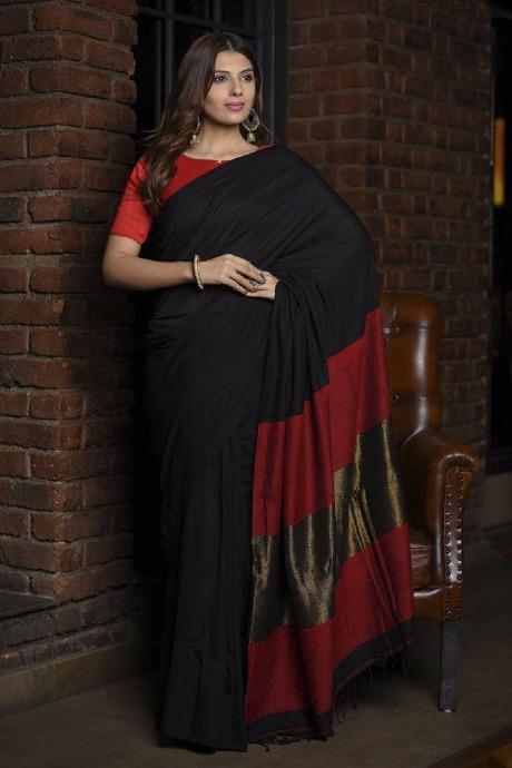 LINEN SAREE WITH PRINT AND ZARI BORDER – Sudarshansarees