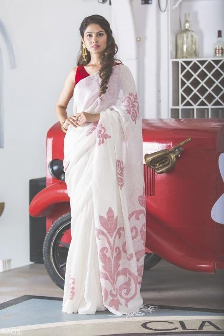 Adah Linen White Saree – Tina Eapen Design studio