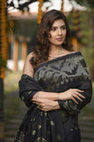 Brilliant Black Linen Designer Hand Weaving Saree