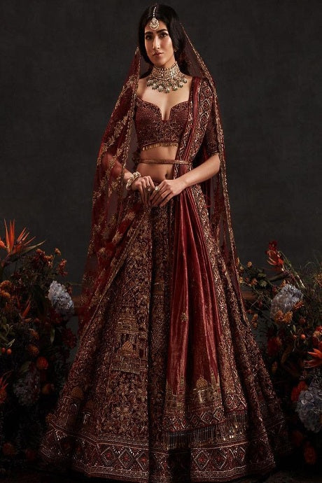 maroon velvet bridal lehenga choli 9006