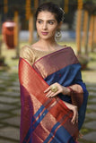 Brilliant Blue Linen Designer Hand Weaving Saree