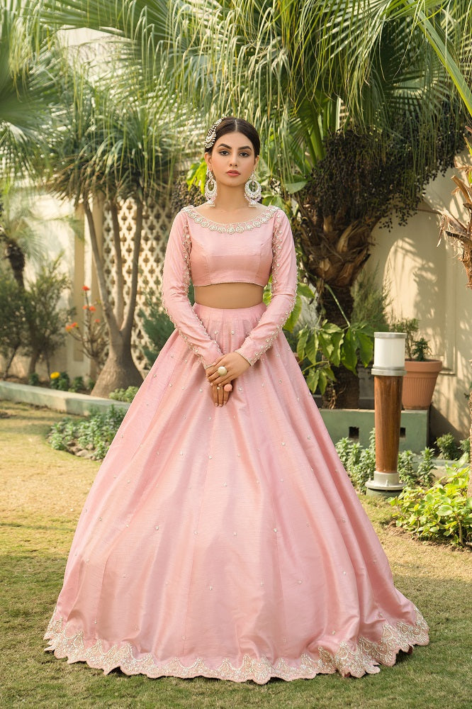 Buy Dusty Pink Zari Woven Silk Lehenga Choli Online At Zeel Clothing
