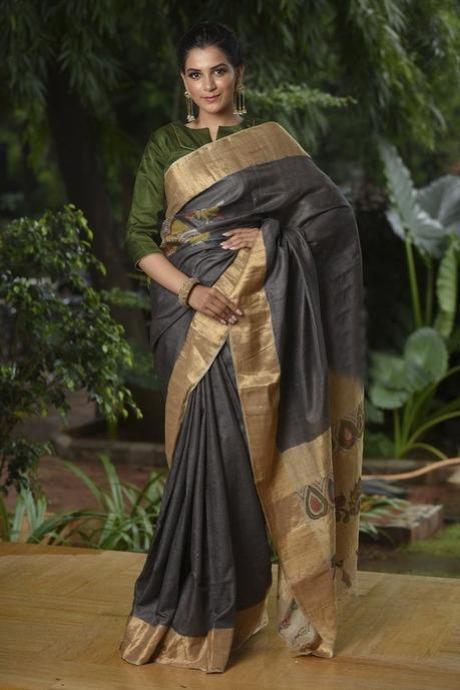 Lavender Color Pure Linen Silk Saree With Zari Woven Leriya Pattern An –  BEST SAREE