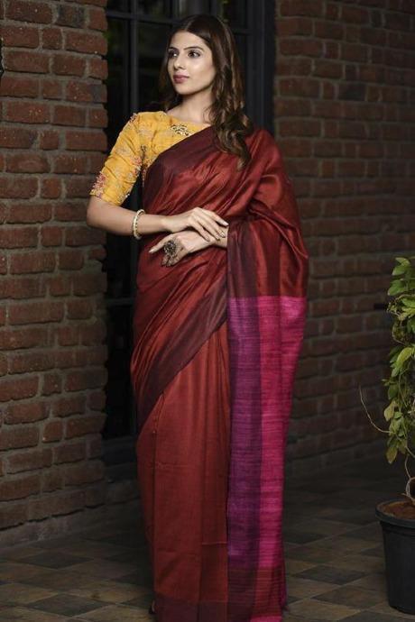 New Latest Designer Cotton Silk Maroon Colour Party Wear Saree - Zakarto