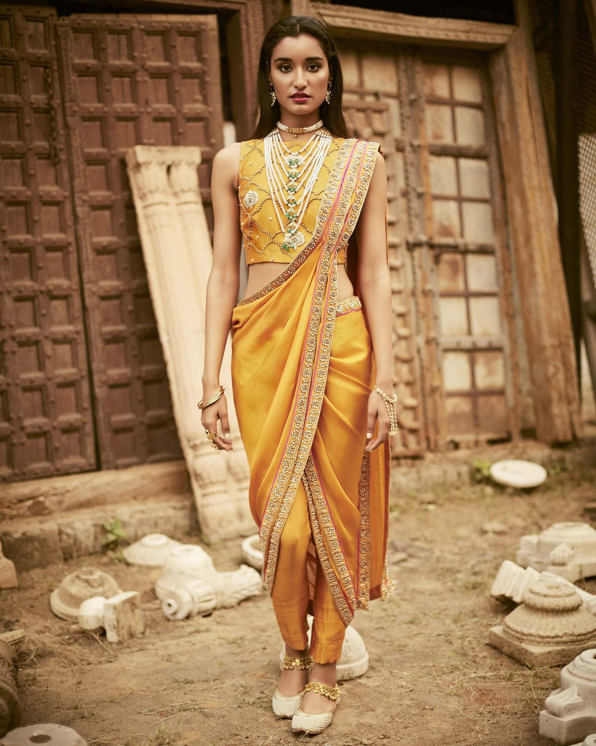 Bright Yellow and Taupe Embroidered Saree | Saree designs, Party wear sarees,  Indian women fashion