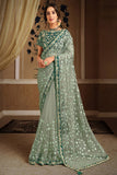 Green  designer cotton silk saree with exclusive embroidered motifs