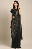 Fancy Important Fabrics Functional Wear Ruffle Saree in Black Color