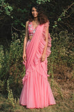 Designer Pink Colored Ruffle Saree With Belt