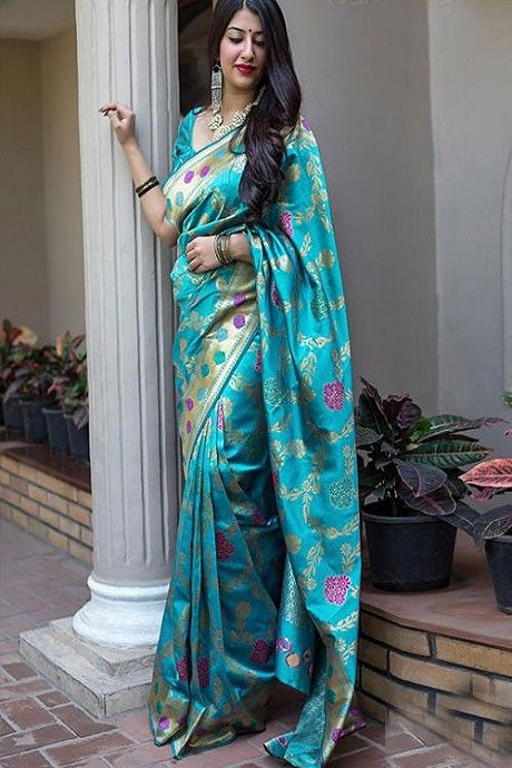 Firozi with Multi coloured Resham Zari Fancy Crepe Silk Saree