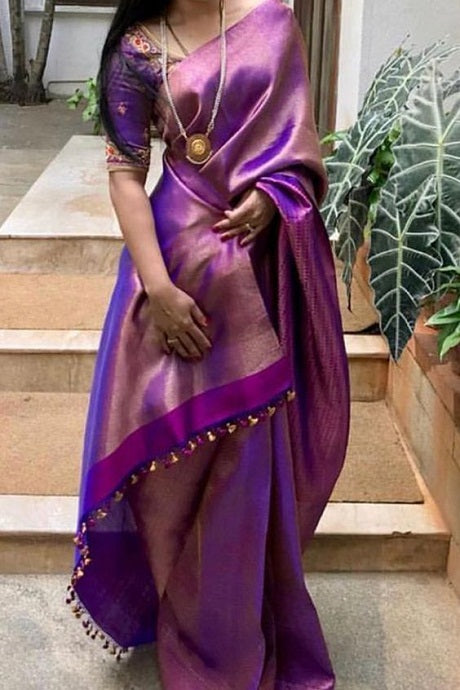 Buy Zwab Women's Banarasi and Kanjivaram Soft Lichi Silk Traditional Saree  With Rich Pallu & Weaving Border With Unstitched Jacquard Woven Blouse( Purple-skyblue) at Amazon.in