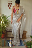 Kanjiviram White Silk Saree With Attached Blouse