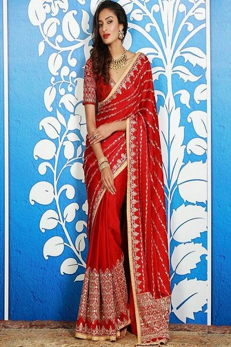 Buy Dark Red Sequins Embroidered Georgette Saree Online | Samyakk