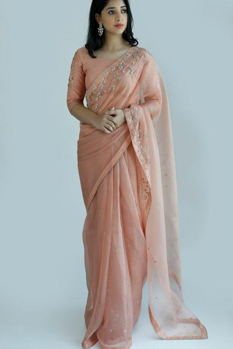 Sequins Embroidered Georgette Dusty Pink Indo western Saree