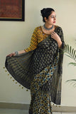 Black Colored  Cotton Saree With Cotton Blouse