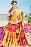 Amazing Orange And Red  Color Silk Half N Half Saree