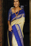 Blue And Cream Blended Cotton Handloom Saree With Unstitched Blouse
