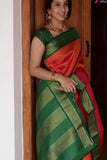 Ravishing  Red Banarasi Cotton Silk Saree With Geen Pallu