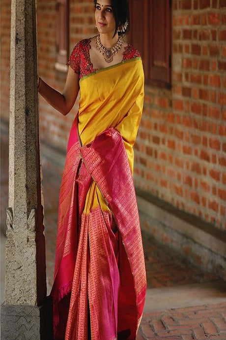 Lassitude Yellow Soft Banarasi Silk Saree With Flattering Bl