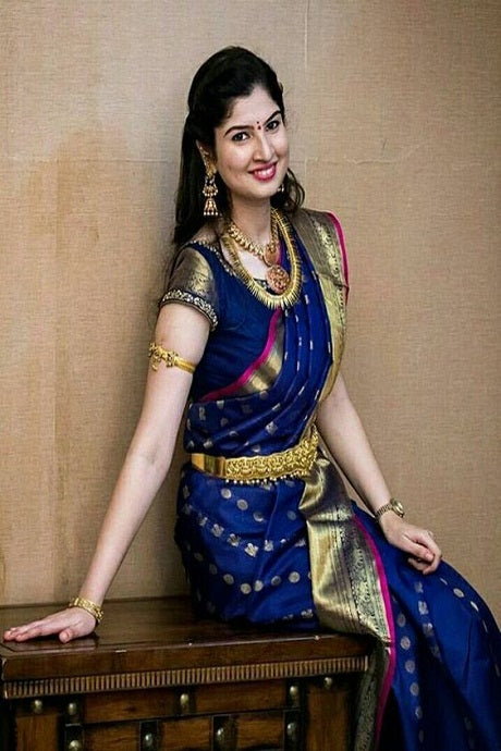 Best Latest Designer Blue Color Banarsi Silk Saree For Bride