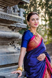 Art Silk Indian Wedding Saree In Navy Blue Color